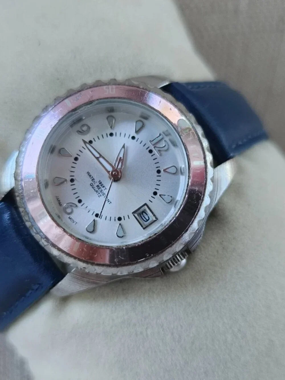 Women Wristwatch Blue Genuine Leather Strap Date Calendar Analog Quartz Watch